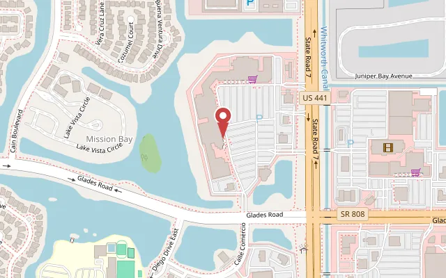 Map of Mission Bay Plaza on State Road 7 near Glades Road, Boca Raton, with the store marked